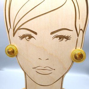 Chic Enamel Button Earrings, Vintage Gold Tone Clip Ons with Neutral Beige